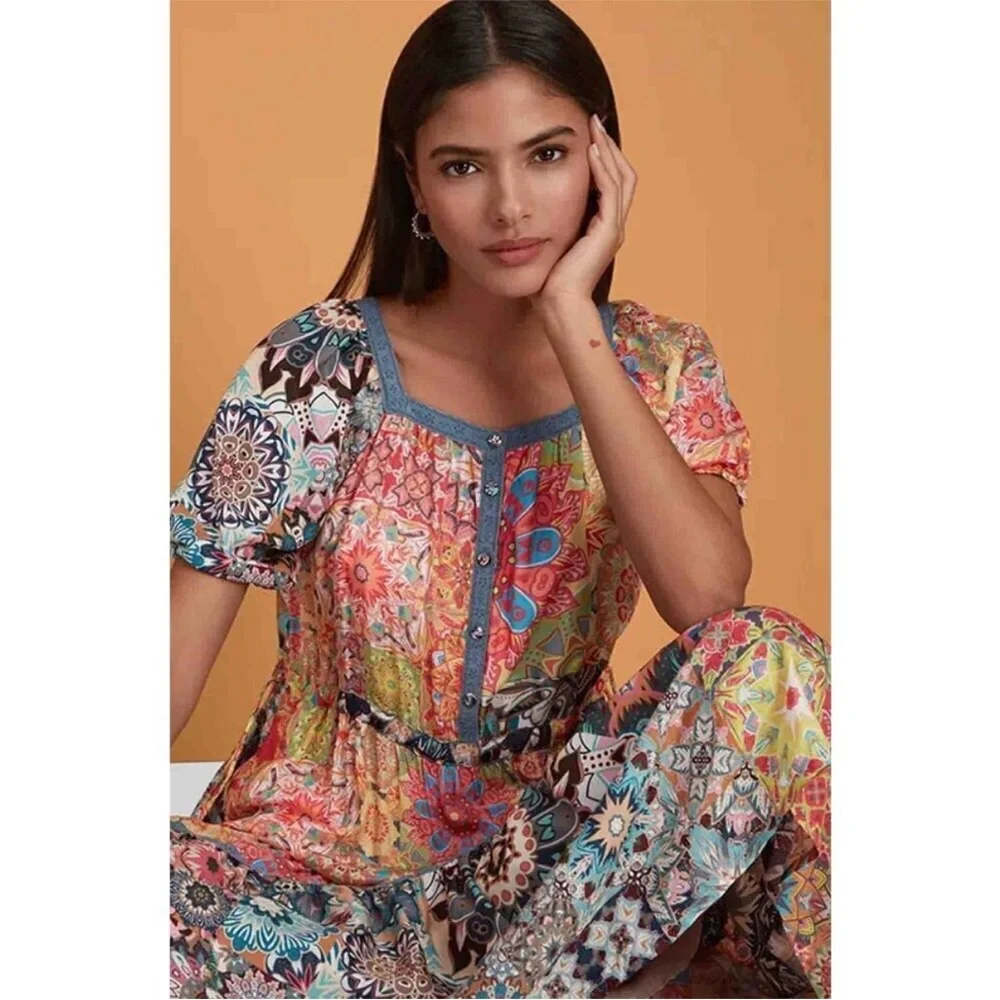 Johnny Was Kaleida Zenovia Silk Patchwork Midi Dress Size L Boho Tiered - Picture 3 of 14